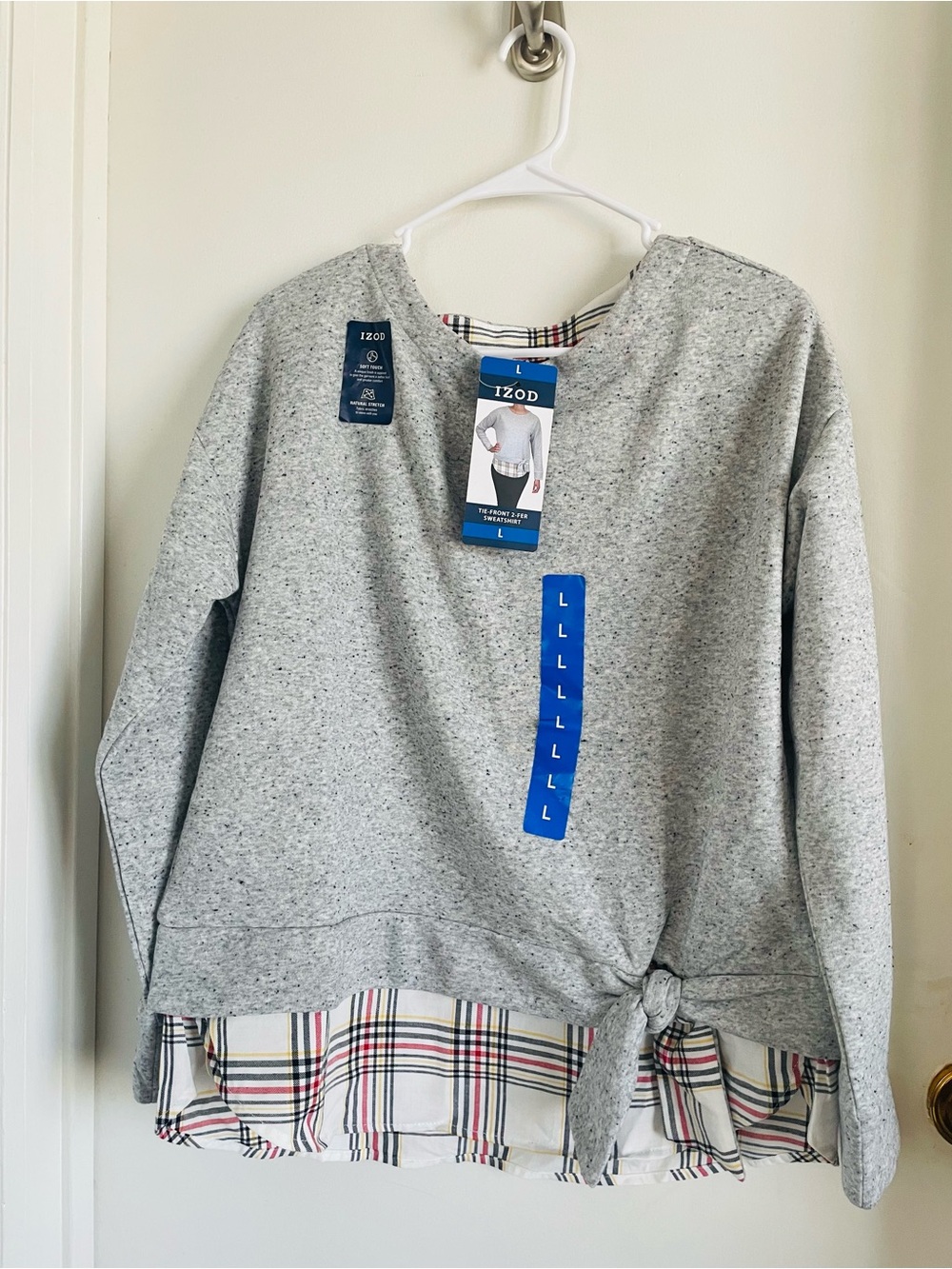 Izod Heather Gray Pullover Sweatshirt with Plaid Hem